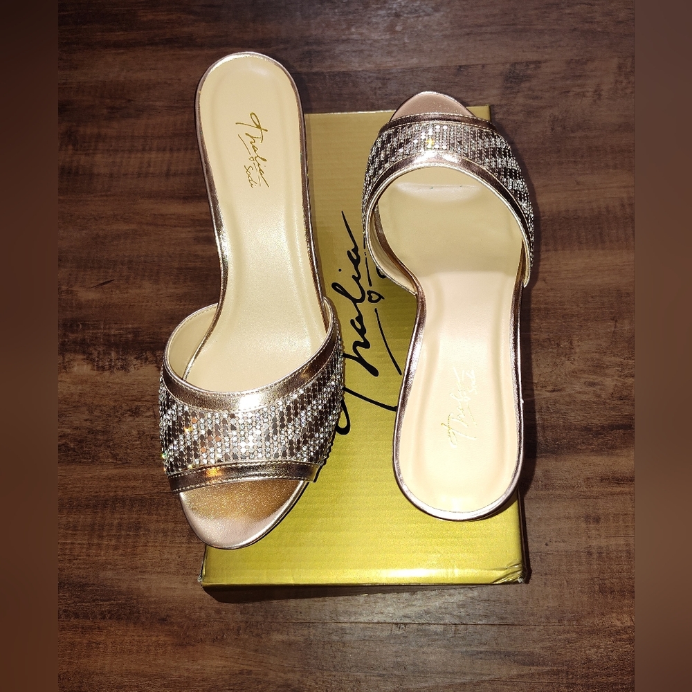 Thalia Sodi Rose Gold Slip-On Wedge Sandal, Sz. 9. I do accept reasonable offers